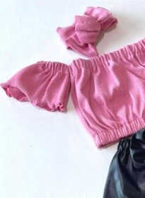 Resim Özge Başaran Kız Çocuk, Likralı Deri Fiyonk Detaylı Pantolon, Pembe Straplez Crop Bluz Ve Saç Pembe 