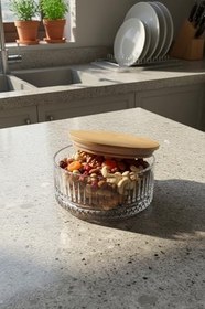 Resim Amandus Lavinya - Cam Kase Bambu Vakum Kapaklı Cam Çerezlik Kahvaltılık Kase 510 ml Şeffaf Tek Ebat 