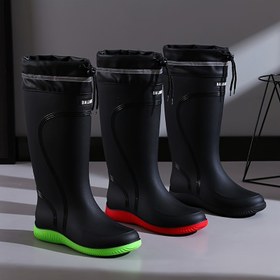 Resim Şık Yüksek Topuklu Yağmur Botları Erkekler İçin - Günlük Düz Renkli Tüm Sezon Kaymaz PVC Yağmur Ayakkabıları Su Geçirmez Bağcıklı Kapatma, Kumaş Astar ve Kaymaz PVC Taban 