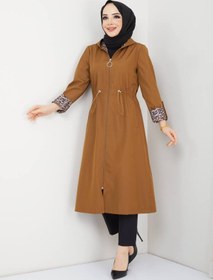 Resim RACE FASHİON Leopar Desenli Bondit Kumaş Beli Lastikli Kapüşonlu Tesettür Trençkot RC1205010 
