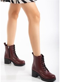 Resim 5109-3025 Bordo Bağcıklı Fermuarlı Kalın Topuklu Günlük Kadın Bot Bordo 