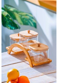 Resim Acar Malibu Bambu Standlı 3 Lü Borosilikat Cam Baharatlık Seti Ahşap 