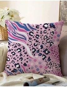 Resim RealHomes Lila Zeminli Leopar Desenli Çift Taraflı Dijital Baskılı Özel Tasarım Dekoratif Raşel Yastık Kılıfı, Sonil-K-5284-55x55cm 