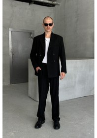 Resim Erkek Oversize Rahat Kalıp Kruvaze Takım Elbise Siyah 