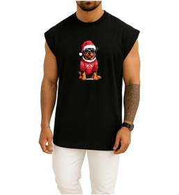 Resim Oversize Yılbaşı Yeni Yıl Köpek Göğüs Baskılı Atlet SIYAH 