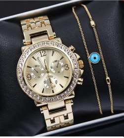 Resim Gold Renk Taşlı Kadın Kol Saati & Gold Renk Nazar Boncuğu Bilekli (535616249) 