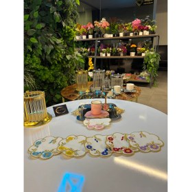 Resim Kokteyl Peçetesi, Gold Çerçeveli Çok Renkli Oval Kesim Kahve Tepsisi Peçeteliği,6'lı Sunumluk Peçete 