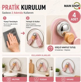 Resim Mainshop Vantuzlu Döner Kapak Tutucu 4 Adet - Delme Gerektirmeyen Mutfak Rafı M-56 Pembe 