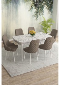 Resim Meri Serisi 80x132 Açılabilir Mdf Beyaz Mermer Desen Masa Takımı 6 Antrasit Sandalye Cappucino 