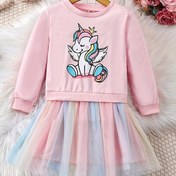 Resim Kızlar gökkuşağı tütü etekli tek boynuzlu baskılı uzun kollu sweatshirt elbise parti tatil kıyafeti, Kız çocuk elbiseleri İlkbahar/ Sonbahar için 