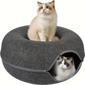 Resim İnteraktif Keçe Tüneli ile Rahat Donut Şeklinde Kedi Yatağı - Küçük ve Orta Boy Kediler, Fretler ve Tavşanlar için Yumuşak Kanvas Oyun ve Eğitim Oyuncak, Gri veya Çoklu Renklerde Çift Amaçlı Rahat Saklanma Yeri, Yavru Kedi Yatağı 
