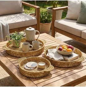 Resim Büro Ev Ofis Sofra Servisi İçin 3adet Plastik Hasır Tasarım Rattan İçe Geçen Yuvarlak Tepsi Seti Diğer 