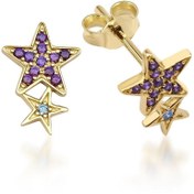 Resim DesignbyKairos 14 Ayar Altın Violet § Blue Stars Çivi Küpe 
