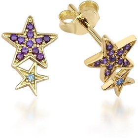 Resim DesignbyKairos 14 Ayar Altın Violet § Blue Stars Çivi Küpe 