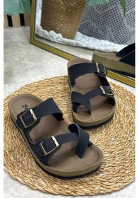 Resim Günlük Kadın Terlik Tek Parmak Arası Rahat Mantar Taban Tokalı Ayarlanabilir Sandalet 147 - 34162 Siyah-siyah 