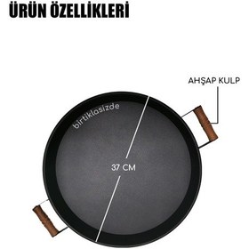 Resim Kitchen Trend Yuvarlak 37 Cm Ahşap Kulplu Metal Siyah Tepsi 