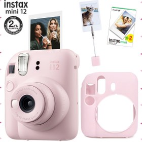 Resim Fujifilm Instax Mini 12 Pembe Fotoğraf Makinesi - 20'li Film - Kıskaçlı Resim Standı ve Silikon Kılıf Seti 