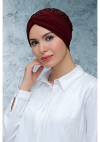 Resim Hürrem Bone Bordo Pratik Hazır Geçmeli Tesettür Bone Sandy Kumaş Pullu Büzgül Bordo 