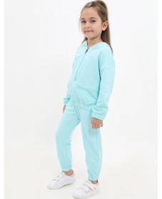 Resim Toontoy Kids Toontoy Kız Çocuk 2'li Takım Kapüşonlu Fermuarlı Sweatshirt & Beli Paçası Lastikli Jogger Eşofman Altı - 2 İplik Su Yeşili 
