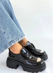 Resim karadağsb Kiya Siyah Rugan Dolgu Topuk Oxford Ayakkabı 