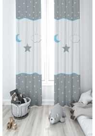 Resim Mekta Home Bebek Ve Çocuk Odası Yıldız Ve Ay Desenli Çerçeveli 2 Kanat Fon Perde 