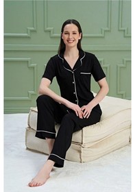 Resim Over Sleep By Poleren Kadın Pijama Takımı Kısa Kollu Modal Önden Düğmeli Gömlek Yaka Siyah 