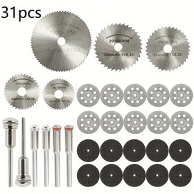 Resim 31 Parça Döner Alet Kesme Tekerlek Seti, HSS Dairesel Testere Bıçakları, Reçine Kesici Diskler ve Elmas Kesme Tekerleği İçerir, Ahşap, Metal, Plastik, PVC, Cam için Mükemmel 