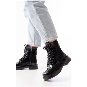 Resim 02-356 Siyah Rugan Düz Topuklu Bağcıklı Fermuarlı Günlük Kadı... Siyah 