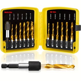 Resim 13 adet Matkap Tap Bit Seti 3-in-1 Titanyum Kaplamalı Vida Taplama Bit Aracı Delme, Taplama, Karşı Delme İçin Hızlı Değiştirme Adaptörüyle, SAE/Metrik 