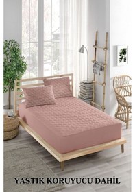Resim Alez Takımı %100 Pamuklu Sessiz 3 Parça Kapitoneli Yastık Alezli Pembe Çift Kişilik Pembe 