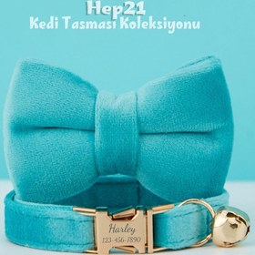 Resim Cat collar with bow tie Velvet cat collar with bell 649724 - Blue Leash + Bow Tie / L 