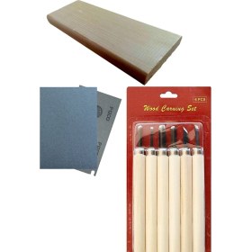 Resim Oyun ve Sanat Ahşap Oyma Başlangıç Seti, Hobi Heykel Ağaç Şekil Verme 6li Uç Takımı, 1 Çam Plaka, Zımpara. 