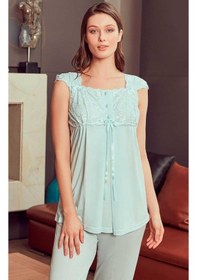 Resim Bone Club 4906 Turkuaz Hamile Lohusa 3 Lü Dantel Kollu Pijama Sabahlık 