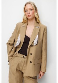 Resim Mixray 4809 Kadın Fular Detaylı Keten Blazer Ceket Camel 