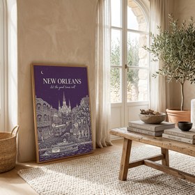Resim New Orleans Line Art Print - Aubergine French Quarter Skyline Wall Art - With Hanger - Black / 24 x 36" (60x90 cm) 