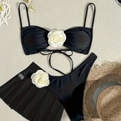 Resim 3D Çiçek Desenli Siyah 3 Parça Bikini, İtalyan Bağcıklı Sırtı Açık Yüksek Kesim Mayo, Kadın Yüzme Giyimi ve Kıyafetleri 