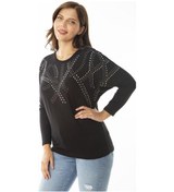 Resim Kadın Büyük Beden Siyah Taş Detaylı Yarasa Kol Bluz 65n36862-siyah Siyah 