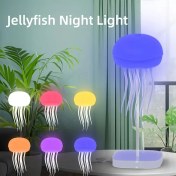 Resim Modern denizanası masa lambası, 5 renk değiştirme seçeneği, USB şarj edilebilir, ayarlanabilir LED gece lambası, cilalı plastik taban ve anahtar kontrolü ile deniz manzarası temalı. Şarj edilebilir lityum-iyon pil özellikli, ev dekorasyonu için uygun. USB portu ve bilgisayar aksesuarları için USB aydınlatma parçası içerir 