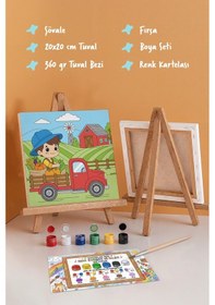 Resim Çiftlik Ve Kamyon Temalı Çocuk Boyama Tuvali Şövaleli Eğitici Boyama Seti 20x20 Cm 