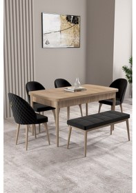 Resim Milas Meşe Desen 80x132 Mdf Açılabilir Yemek Masası Takımı 4 Sandalye, 1 Bench Siyah 