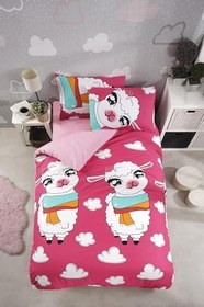 Resim Çerşafı Lastikli Kuzulu Çocuk Nevresim Takımı Pembe Tek Kişilik, Pembe 