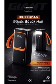 Resim Simex S-36 Giant 30.000 Mah Prime Dijital Göstergeli Hızlı Şarj Fener Çoklu Kablo Powerbank,taşınabilir Şarj Cihazı 