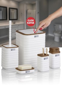 Resim Okyanus Home Luna Beyaz Ahşap Desenli Kare 5'li Banyo Seti 