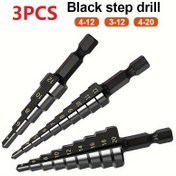 Resim 3 adet Hss Nitrit Kaplamalı Adım Matkap Ucu 1/4 Altıgen Saplı 3-20mm Adım Konik Takım Çeliği Ahşap Metal Delme Güç Kiti 
