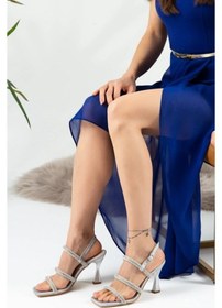 Resim Feles Üç Şerit Taş Biyeli Topuklu Kadın Abiye Ayakkabı Gümüş 