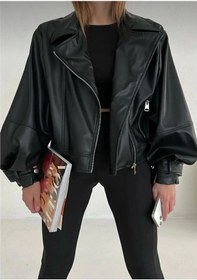 Resim Genculus Siyah Balon Kol Deri Kadın Ceket Yeni Trend Siyah 