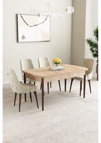Resim Mabel Meşe Desen 80x132 Mdf Açılabilir Mutfak Masası Takımı 4 Adet Sandalye Krem 