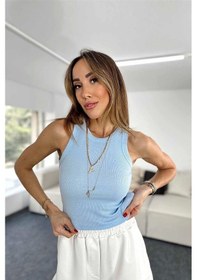 Resim Mea Capio Kadın Bebe Mavisi Fitilli Halter Yaka Örme Atlet Bebek Mavisi 