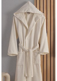 Resim Güvenal Eos Unisex Pamuk Çizgili Kapüşonlu Bornoz Çeyiz Bornoz Seti Sabahlık Hediyelik 6 Krem 