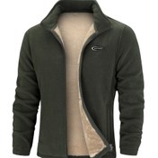 Resim Erkekler İçin Kışlık Tam Fermuarlı Polar Ceket - Stand Yaka, Koyu Yeşil & Kahverengi İki Tonlu, Tam Fermuar Ön Kapama, Sıcak Polyester Astar, Kayak ve Doğa Yürüyüşü için Rahat Dış Giyim - Erkek Modası 